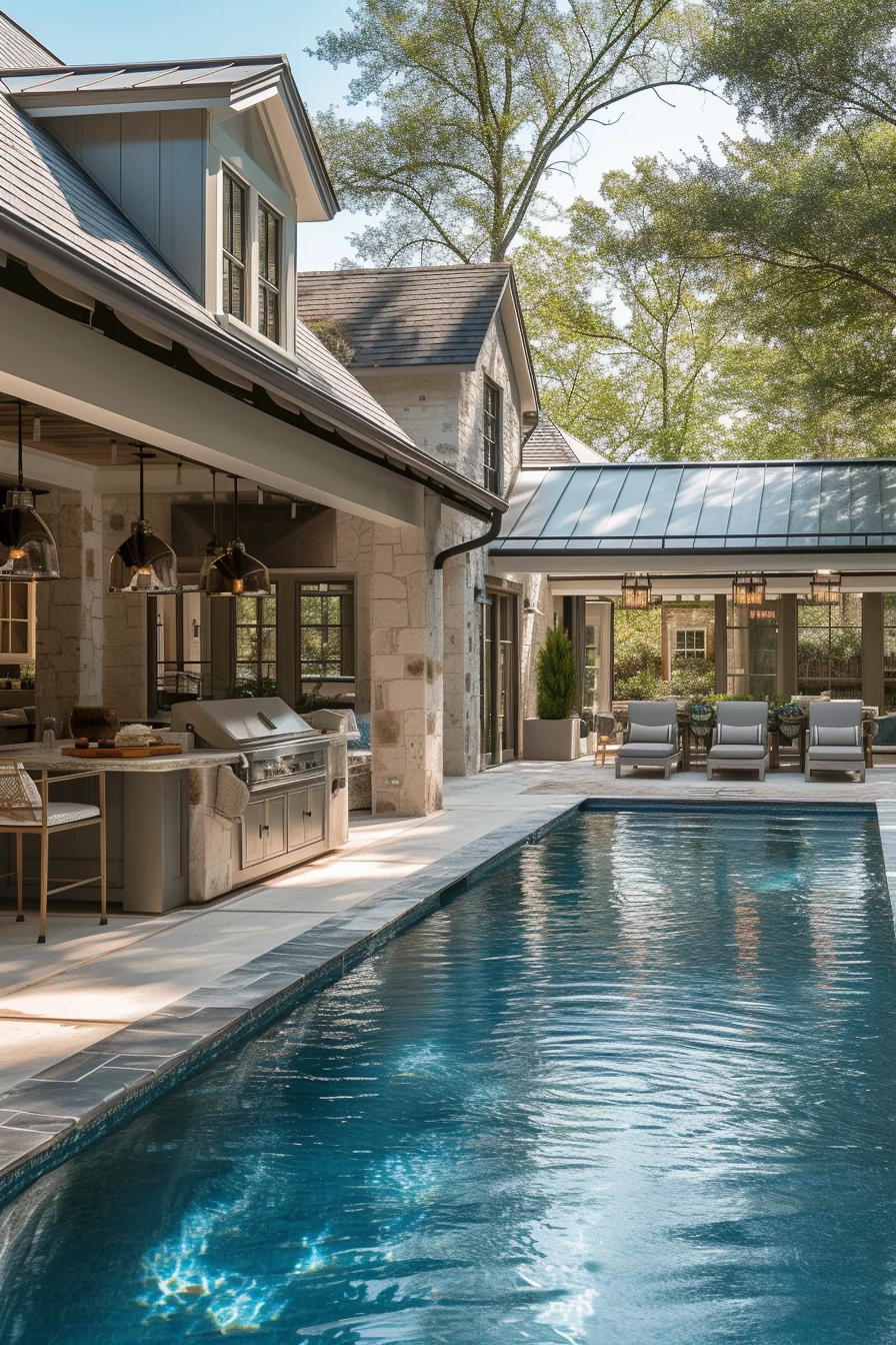 Backyard pool connected to the indoor kitchen, allowing for easy outdoor dining and entertaining in a cohesive setting