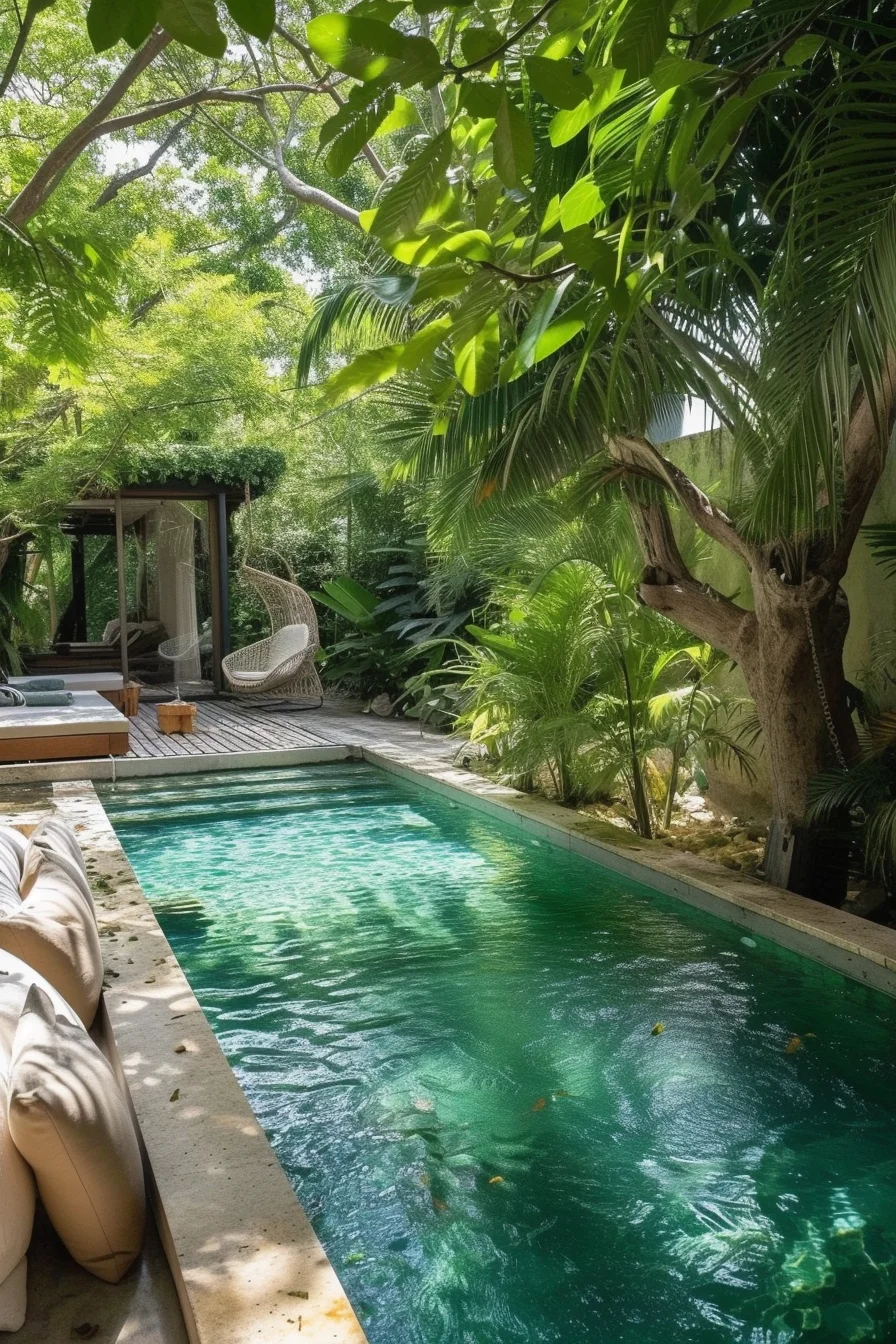 Backyard pool surrounded by lush greenery and organic wooden elements, creating a natural and peaceful retreat.
