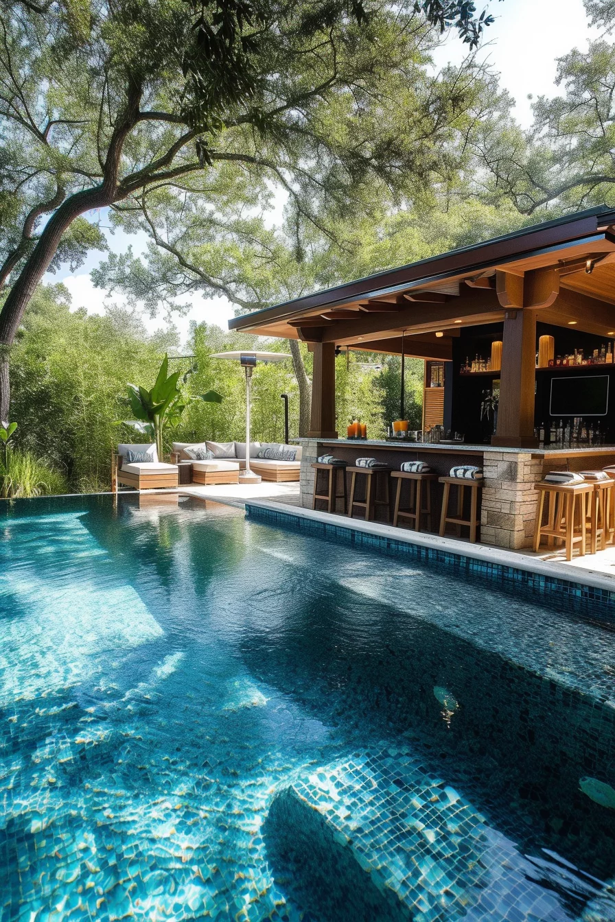 Backyard pool with a swim-up bar, creating a fun and social hangout spot integrated within the water.