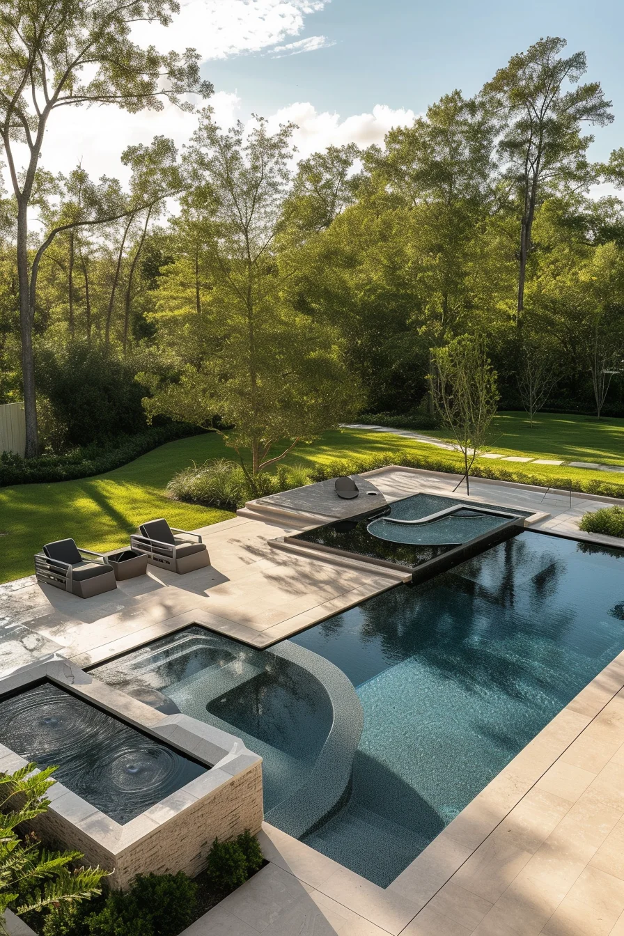 Backyard swimming pool with playful geometric shapes, offering a unique and distinctive focal point in the landscape.