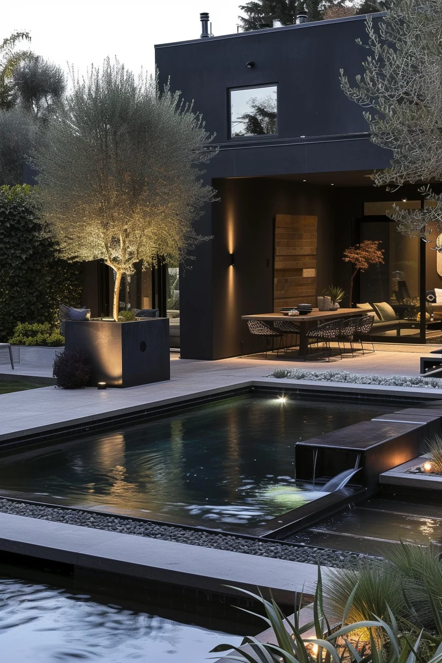 Modern backyard with a sophisticated black swimming pool, showcasing a bold and contemporary design.