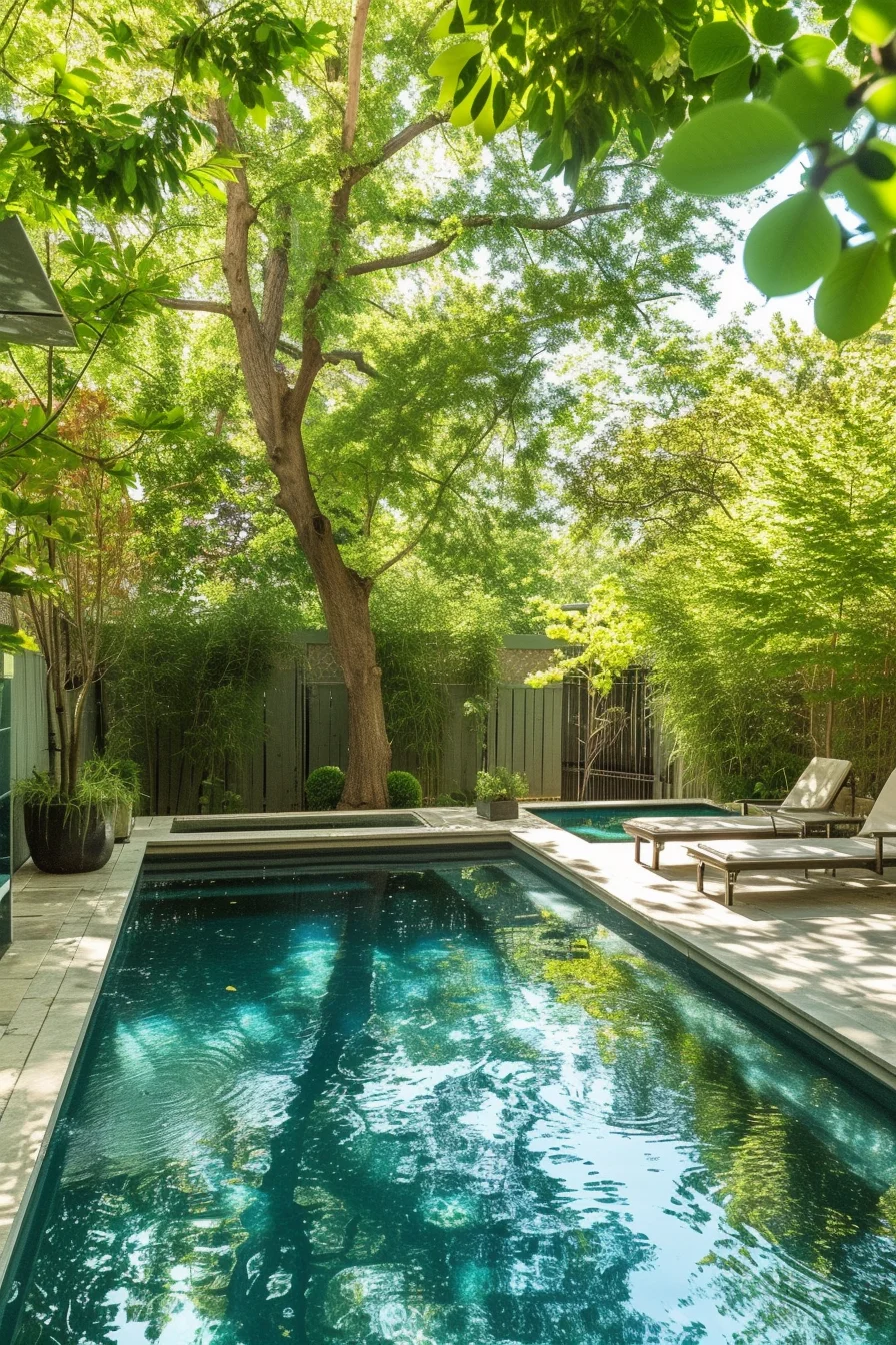 Private backyard pool enclosed by a stylish fence, blending security and aesthetics in a garden setting.