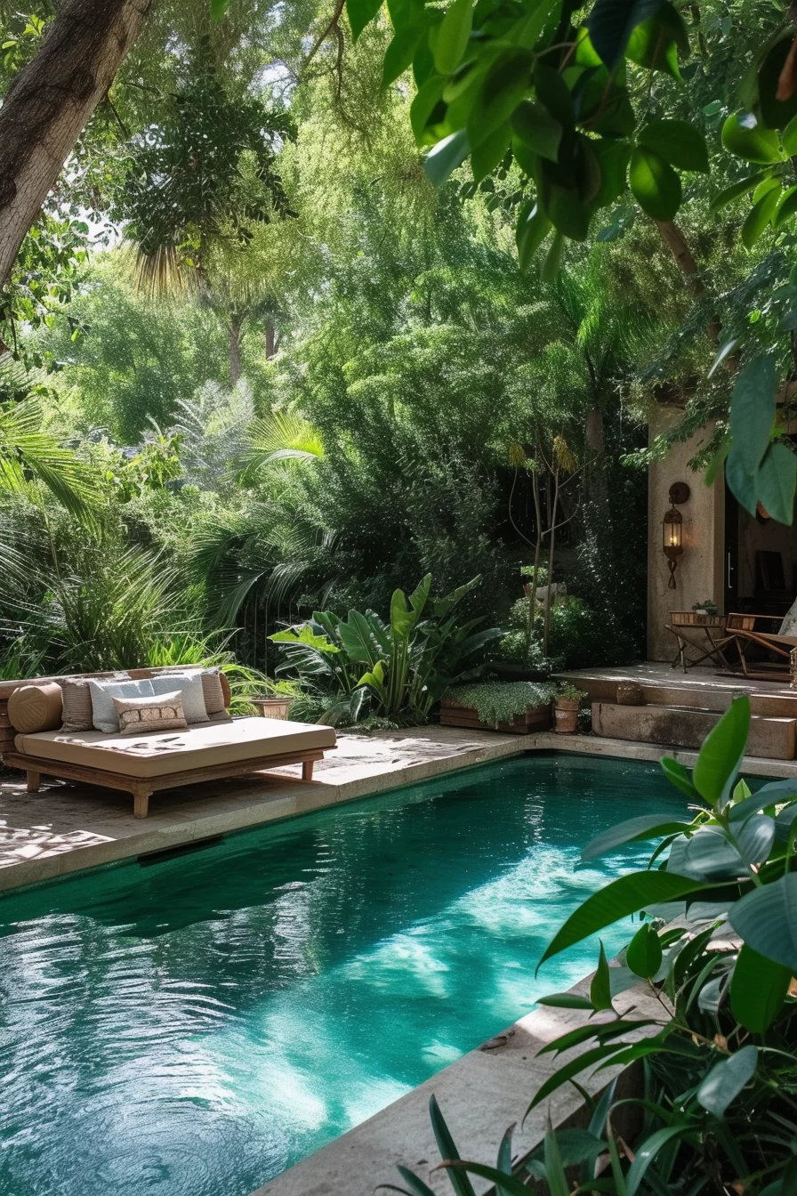 Private backyard pool oasis, surrounded by lush greenery and secluded nooks, creating the ultimate escape.
