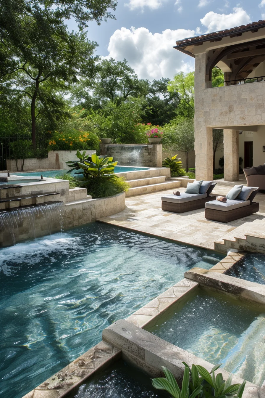 Sophisticated backyard pool with limestone landscaping, complementing the water's hues for a natural look.