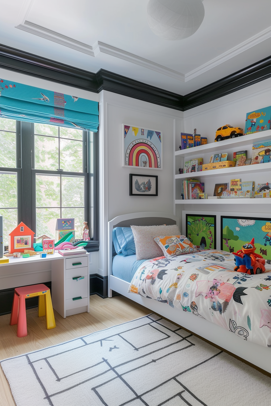 A child's bedroom with white walls, playful black trim, colorful bedding, a creative mural, a study area, and shelves filled with toys and books for a fun and educational environment