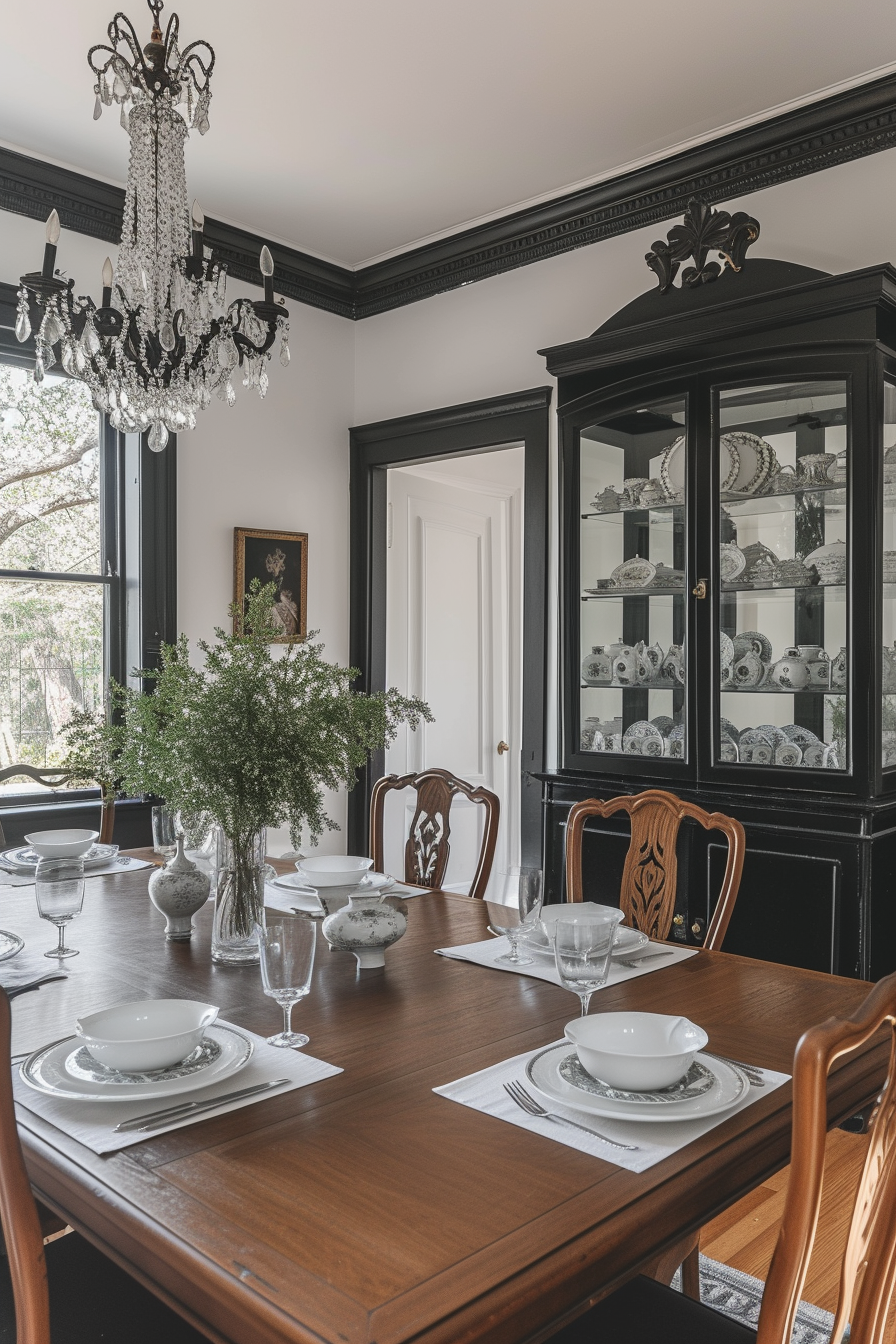 A formal dining room with bright white walls, contrasting black trim, a large wooden dining table with high-back chairs, an ornate chandelier, and a display cabinet showcasing fine china.