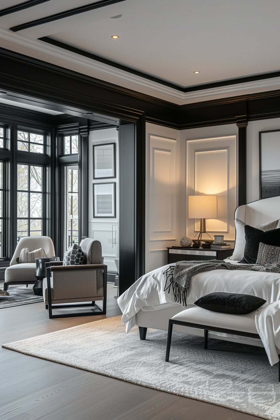 A grand master suite with white walls, black trim, a luxurious bed, a sitting area, walk-in closet, and a private balcony for a touch of extravagance