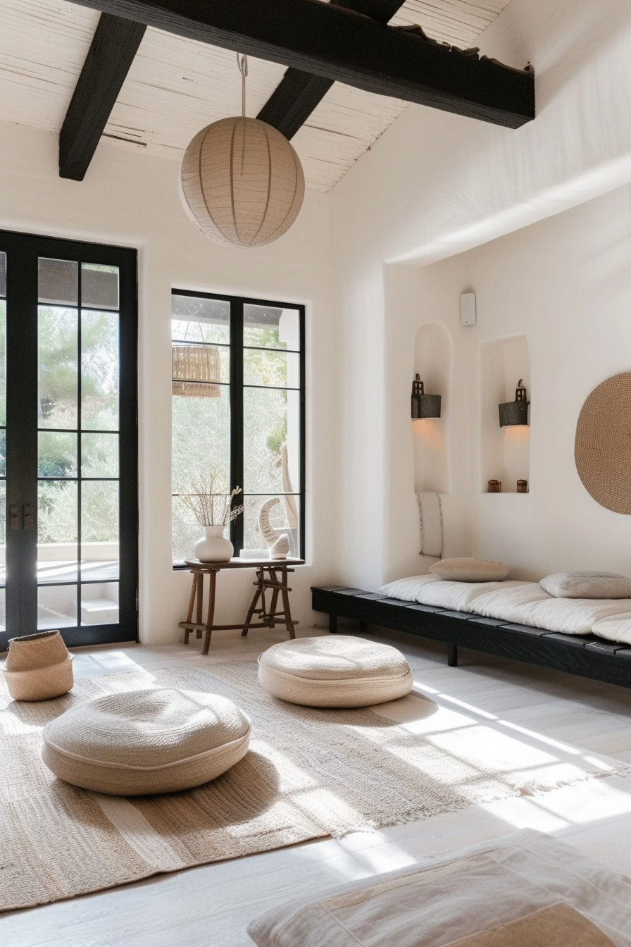 A peaceful meditation room with white walls, soothing black trim, comfortable floor cushions, ambient lighting, and calming decorations for a serene mindfulness space