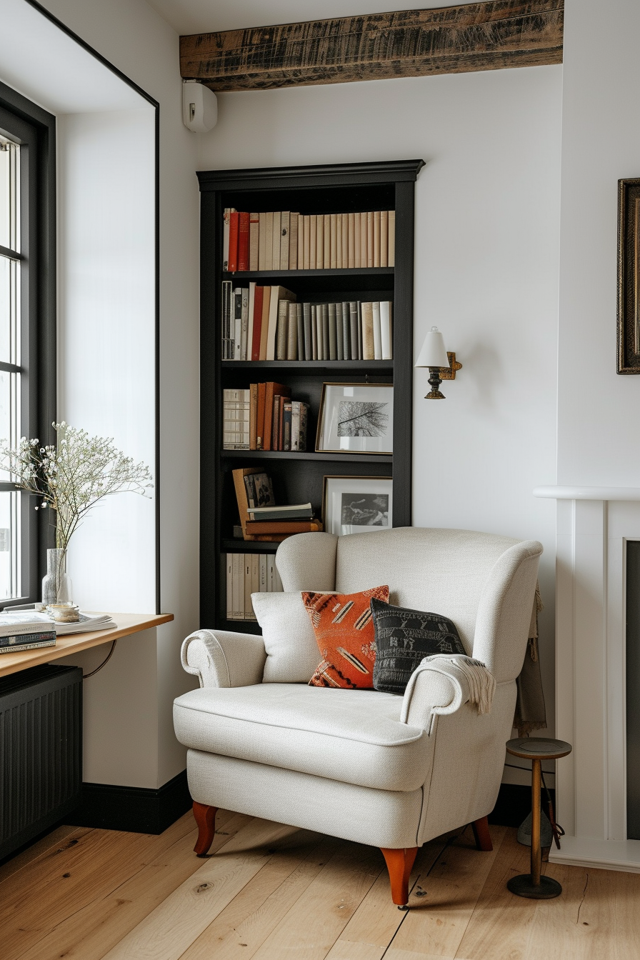 A small yet cozy living room corner with white walls, black trim, a comfortable armchair, a small bookshelf, and warm lighting for a perfect reading or relaxation spot