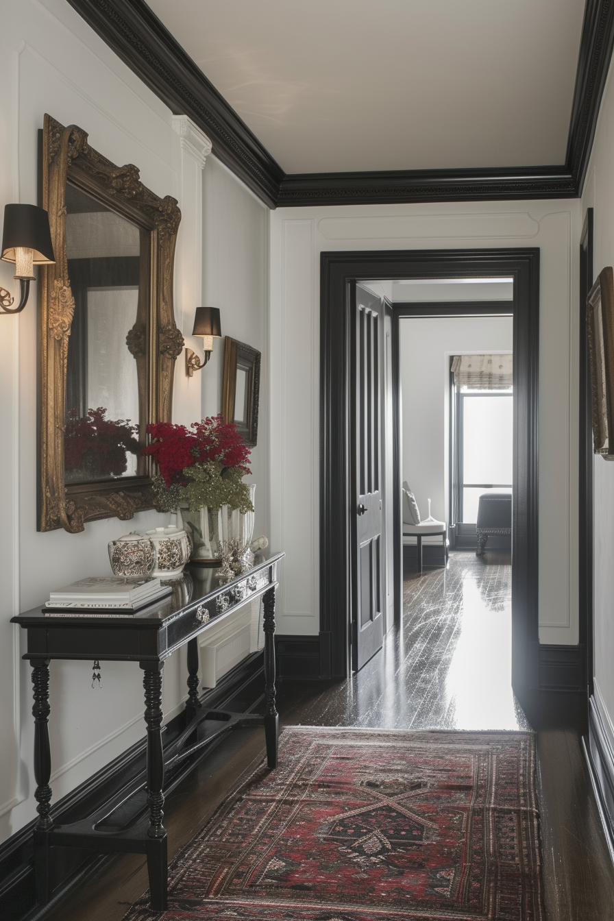 An inviting hallway with white walls, black trim, an elegant console table, a large mirror, and artwork, creating a welcoming entrance to the home