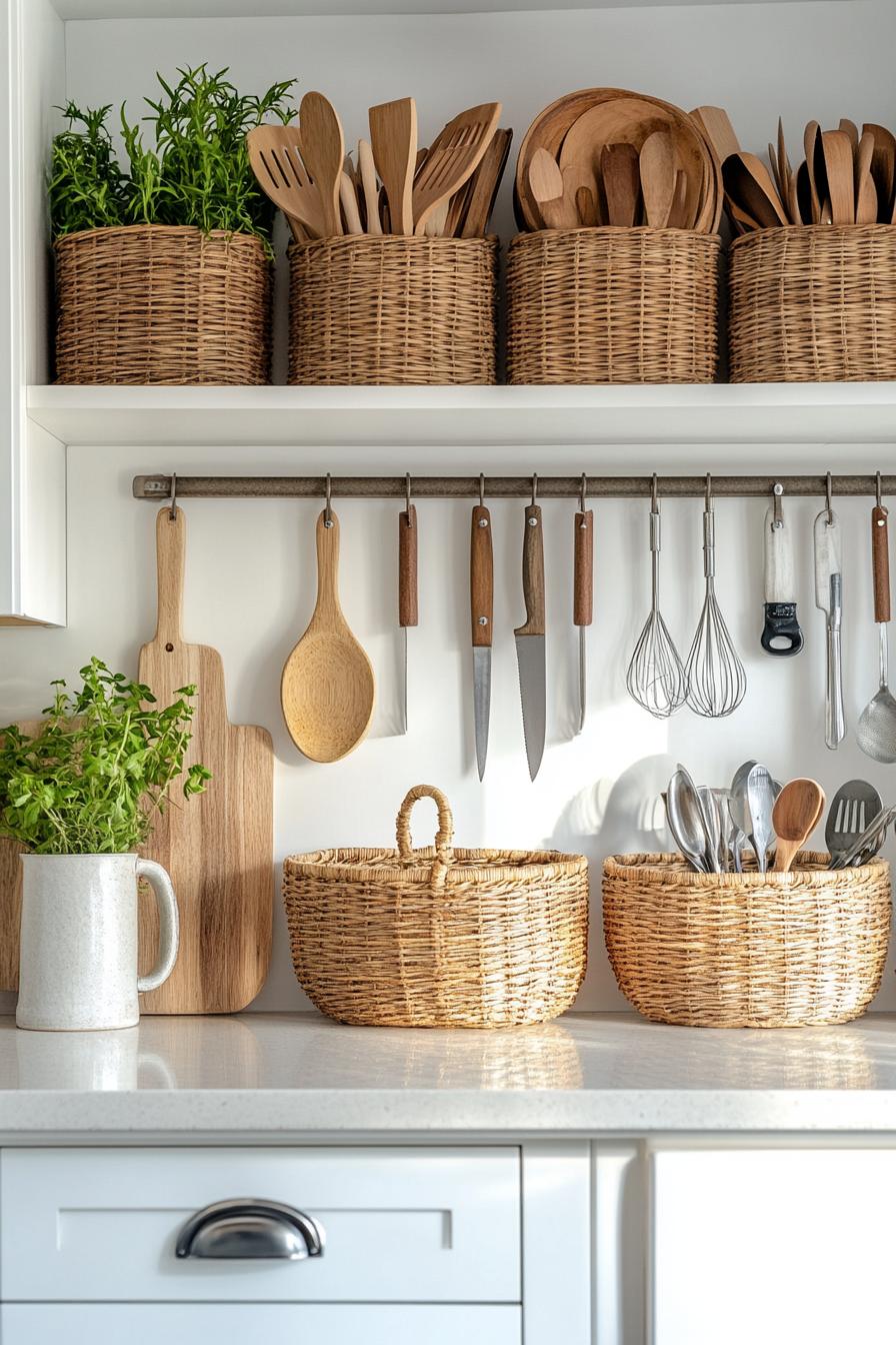 Modern kitchen with organized wooden utensils and wicker baskets on white countertop.