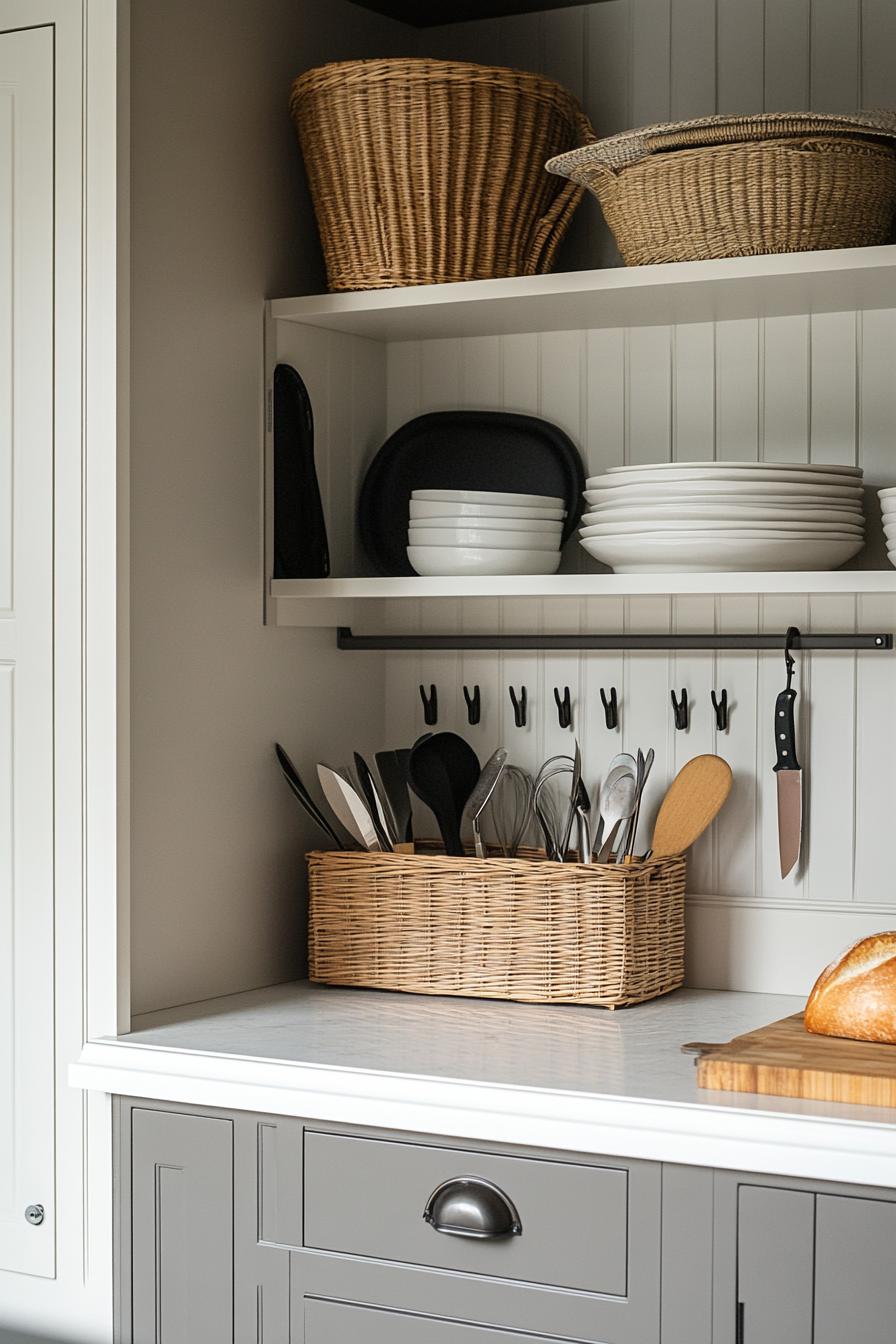 Modern kitchen with wicker baskets, utensils, plates, and cutting board with bread