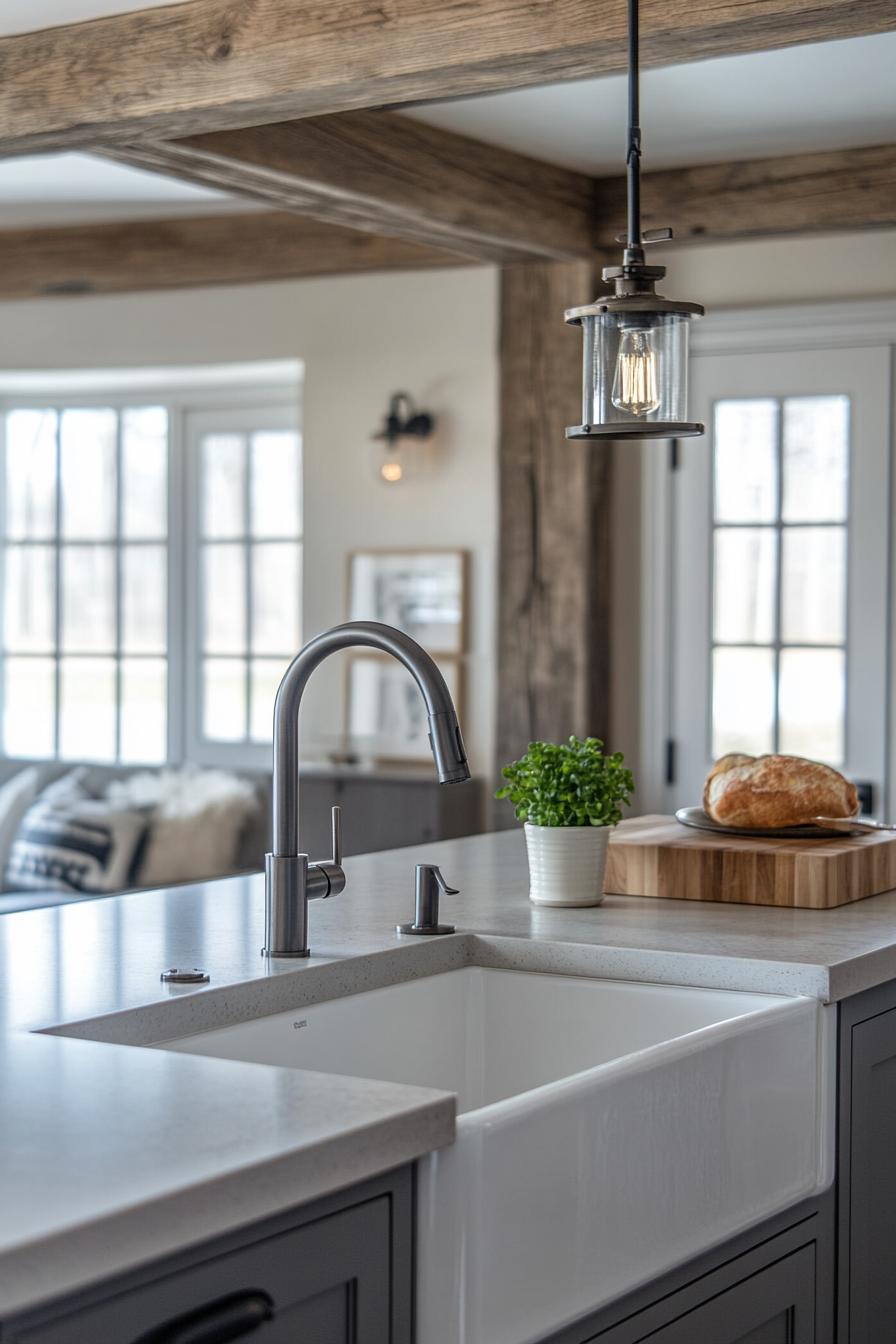 Modern farmhouse kitchen with apron sink, rustic beams, and hanging lantern pendant light.