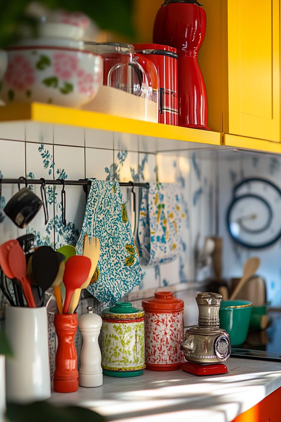 Colorful kitchen utensils and containers on a countertop with yellow cabinets.