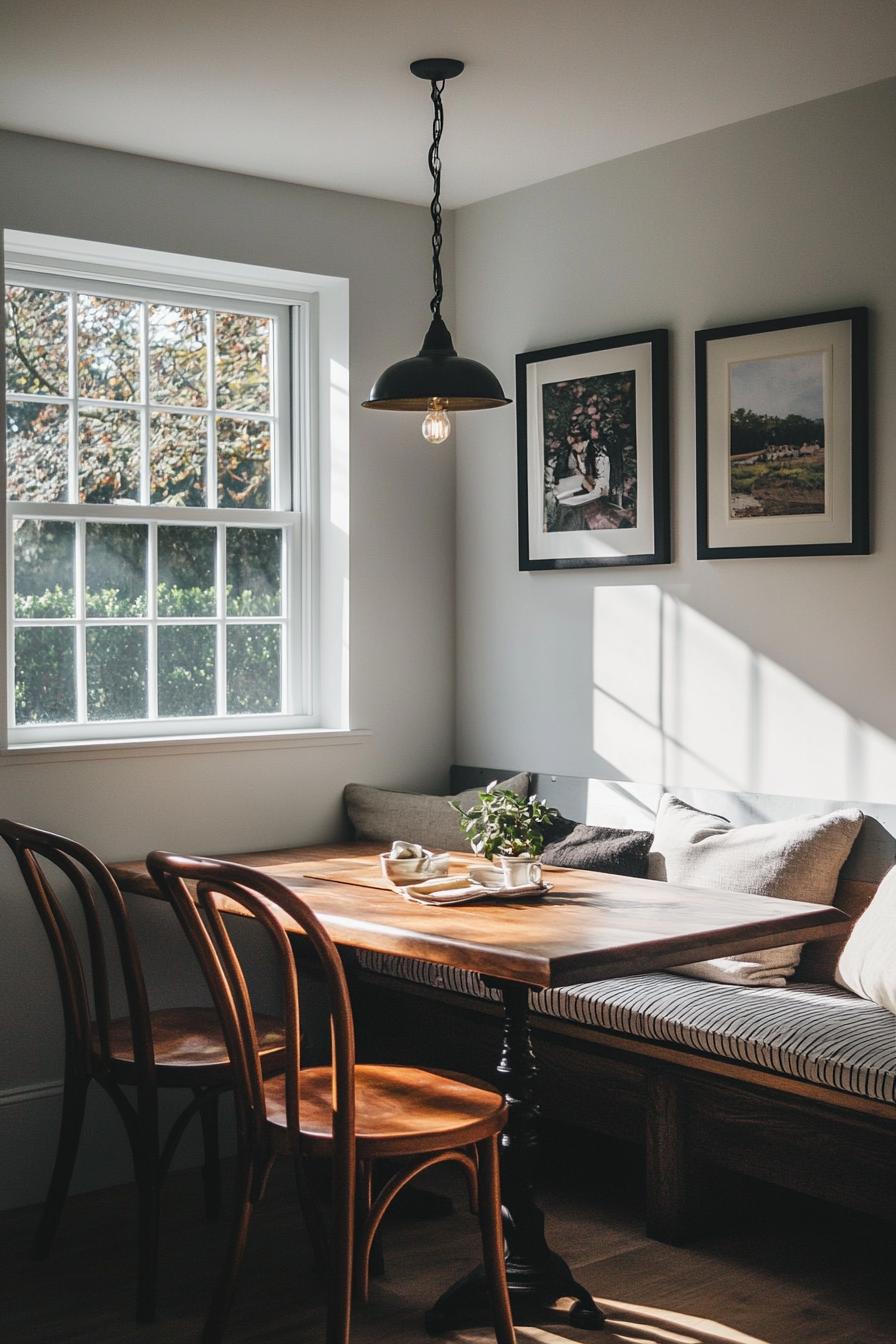 Cozy kitchen nook with wooden table, chairs, window light and decorative wall art.