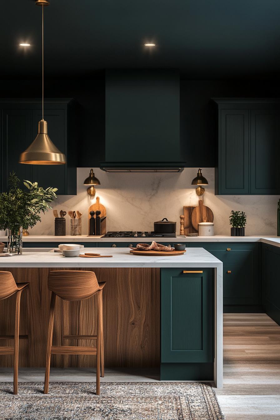 Modern kitchen with dark green cabinets, wooden stools, and marble countertops, under warm lighting.