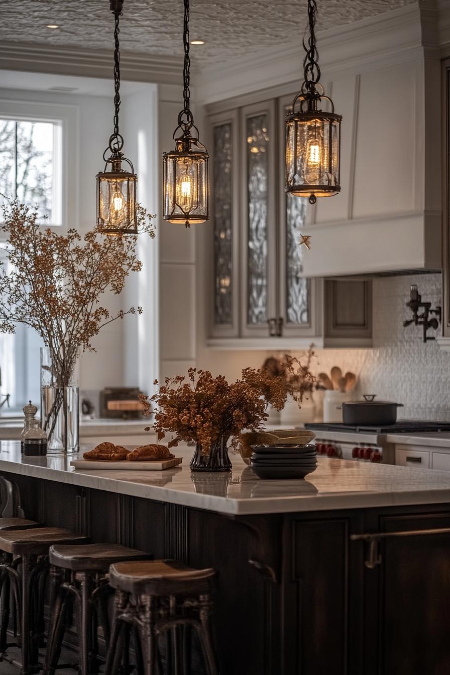 Modern farmhouse kitchen with rustic lighting, island stools, and elegant cabinetry.