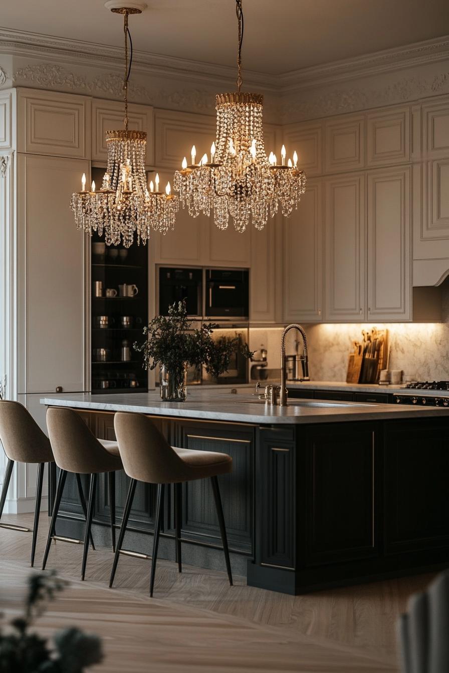 Elegant kitchen with crystal chandeliers, marble island, beige bar stools, and modern white cabinets