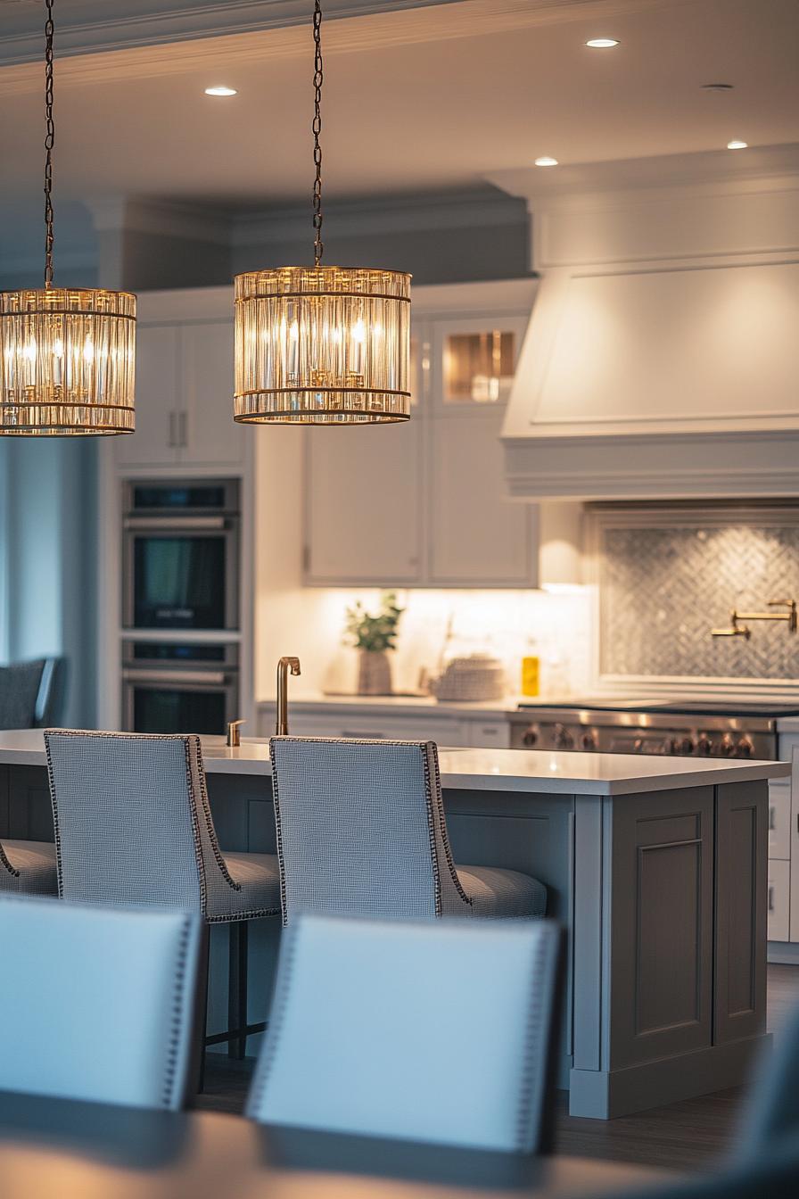 Modern kitchen with island, elegant lighting, bar stools, and white cabinetry.