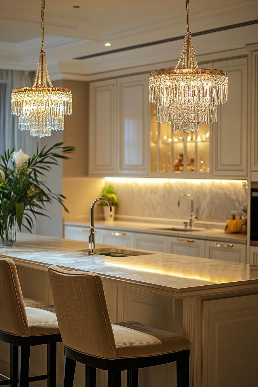 Elegant kitchen with crystal chandeliers, marble countertop, beige bar stools, and white cabinetry.