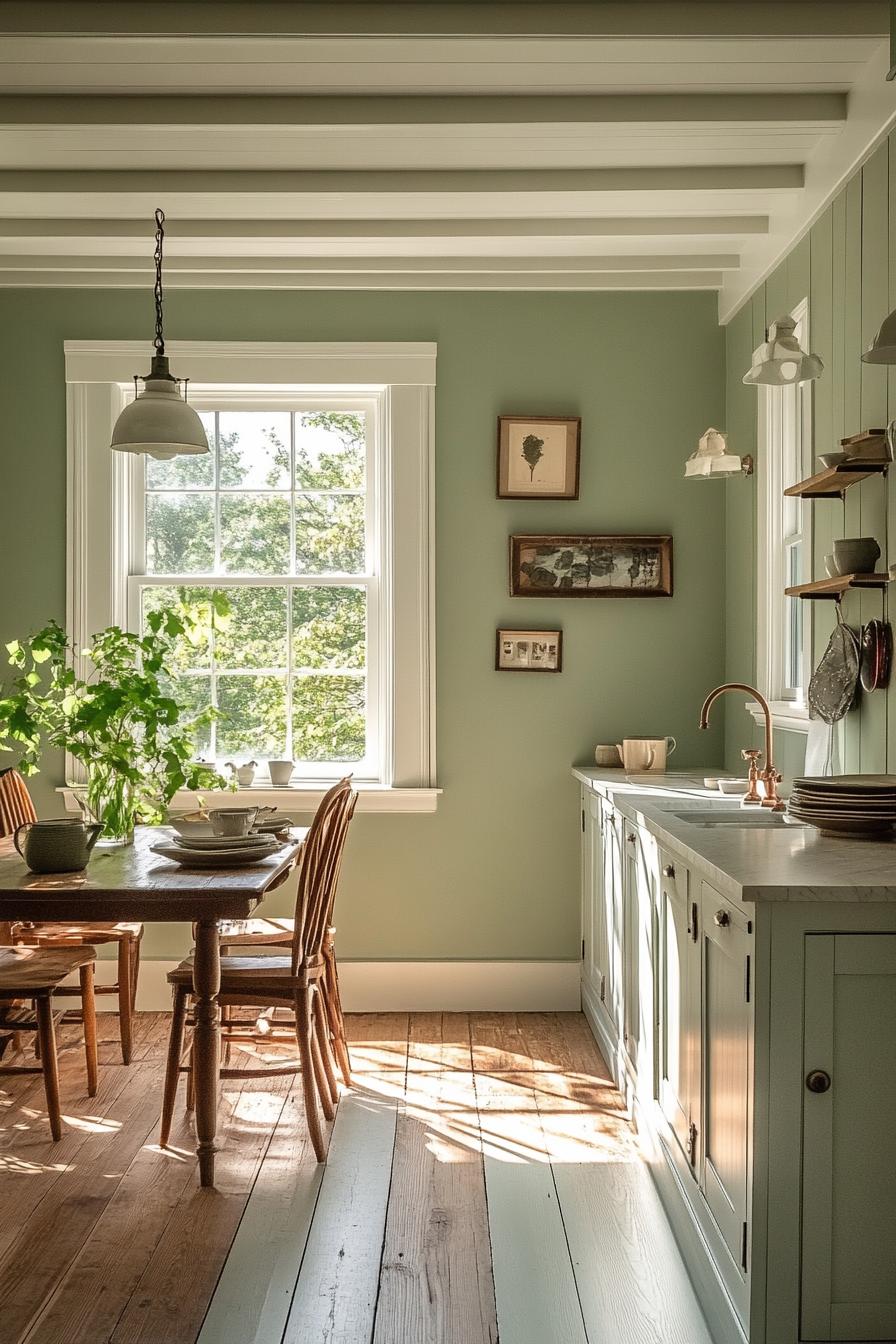 Rustic kitchen with green walls, wooden furniture, and large window bathing in sunlight.