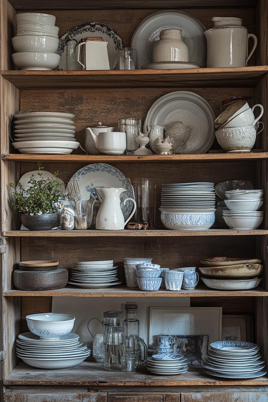 Vintage kitchen shelf with ceramics, plates, bowls, teapots, cups, and a potted plant.