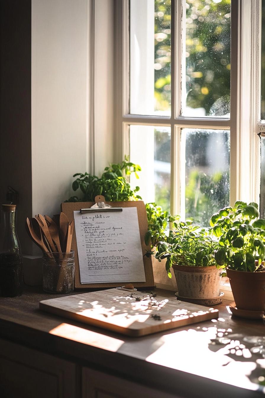 Sunlit kitchen windowsill with potted herbs, recipe clipboard, wooden utensils, and cutting board.