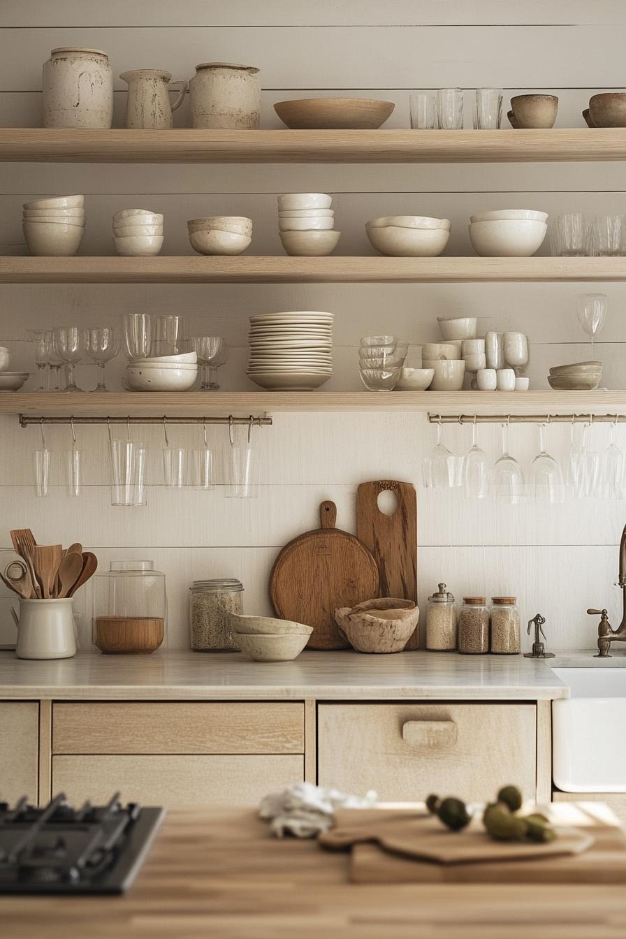Minimalist kitchen with open wooden shelves, rustic ceramics, glassware, and cutting boards.