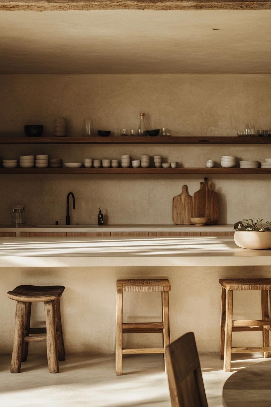 Minimalist kitchen with wooden stools, open shelves, and neutral-toned decor.