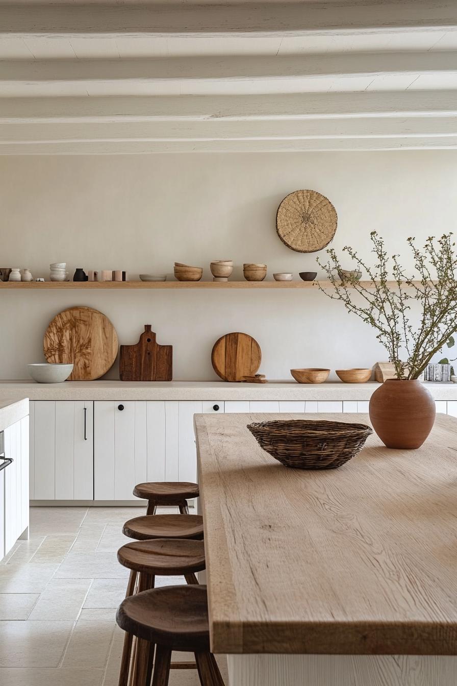 Minimalist kitchen design with wooden shelves, rustic decor, island counter, and bar stools.