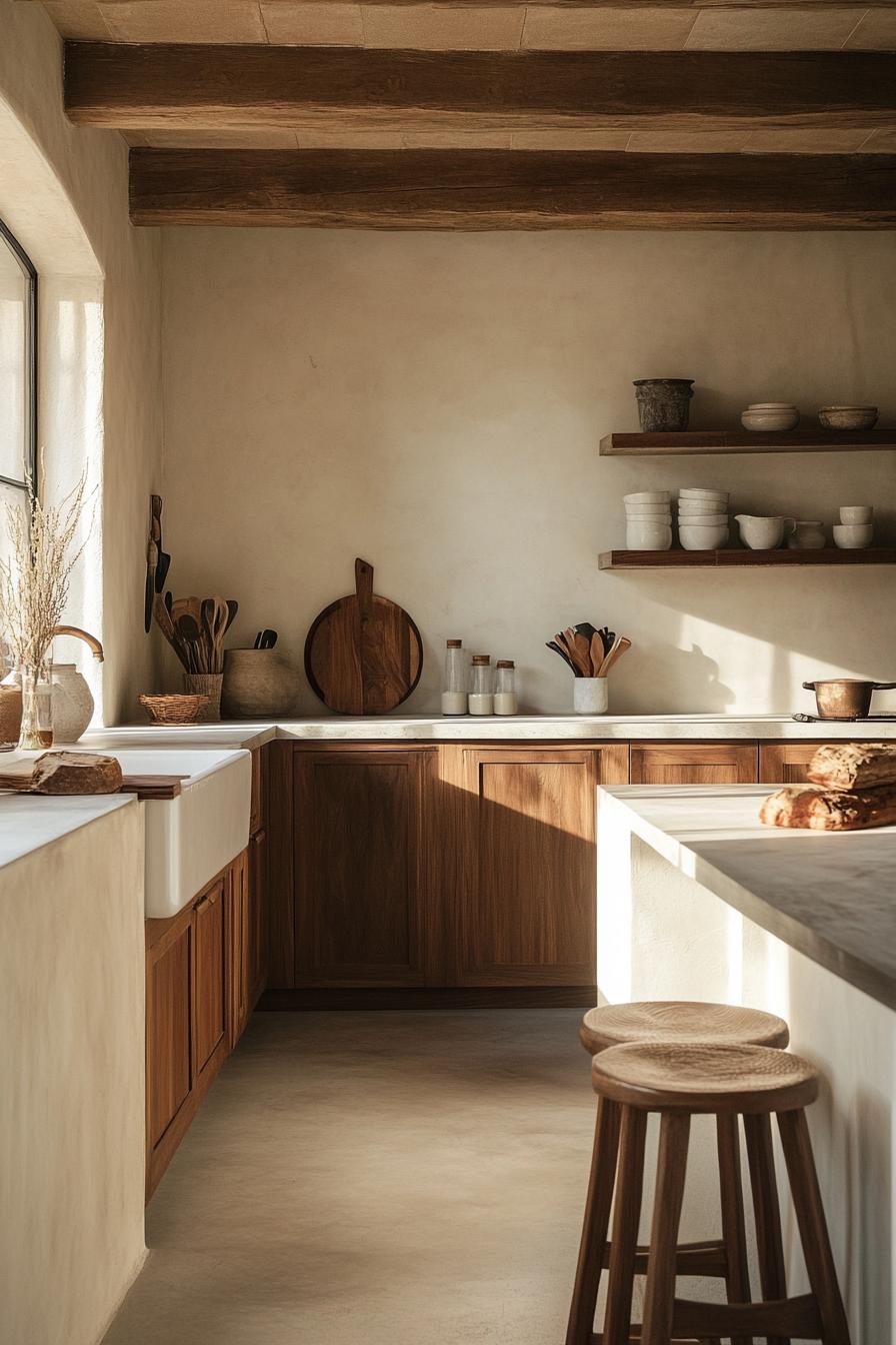 Rustic kitchen design with wooden cabinets, open shelves, sunlight, and natural elements.