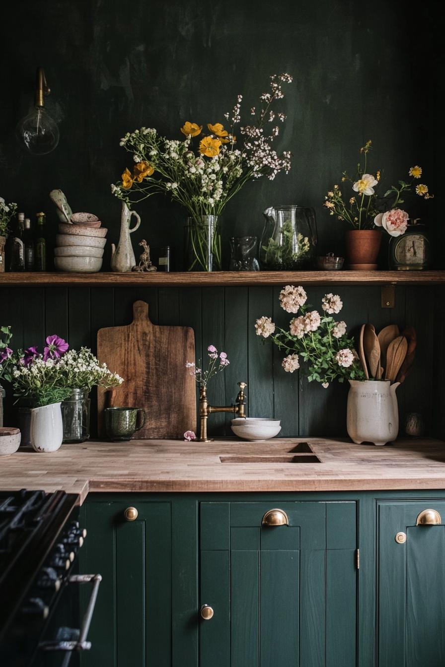 Rustic kitchen with wooden countertop, green cabinets, and fresh flowers in ceramic vases.