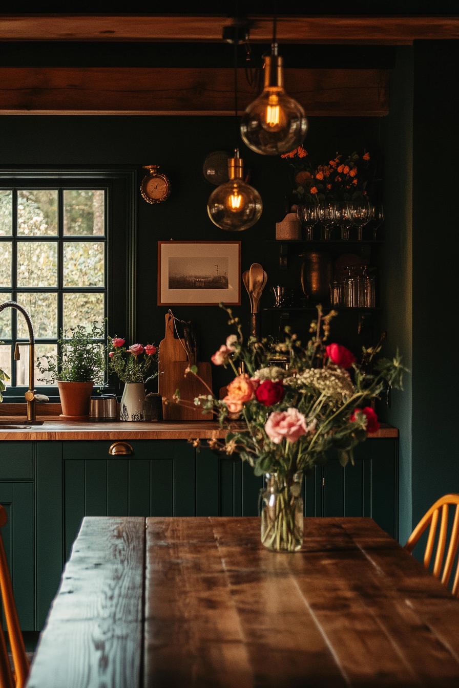 Cozy rustic kitchen with wooden table, fresh flowers, and hanging pendant lights.