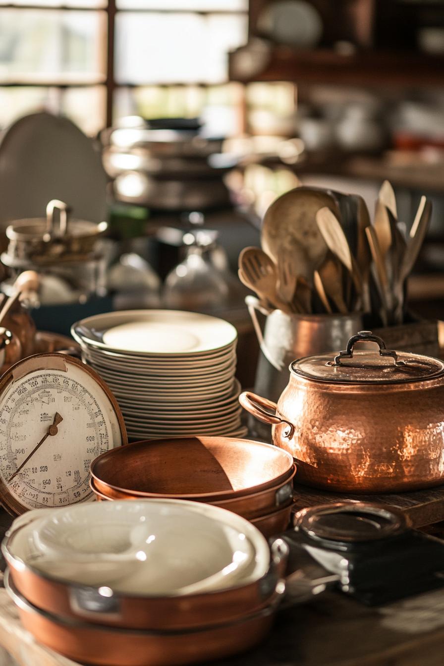 Vintage kitchen utensils, copper cookware, and stacked plates on a wooden countertop.
