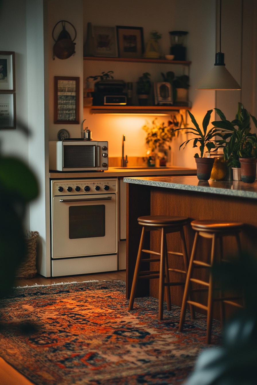 Cozy kitchen with vintage oven, wooden stools, and plants on countertop.