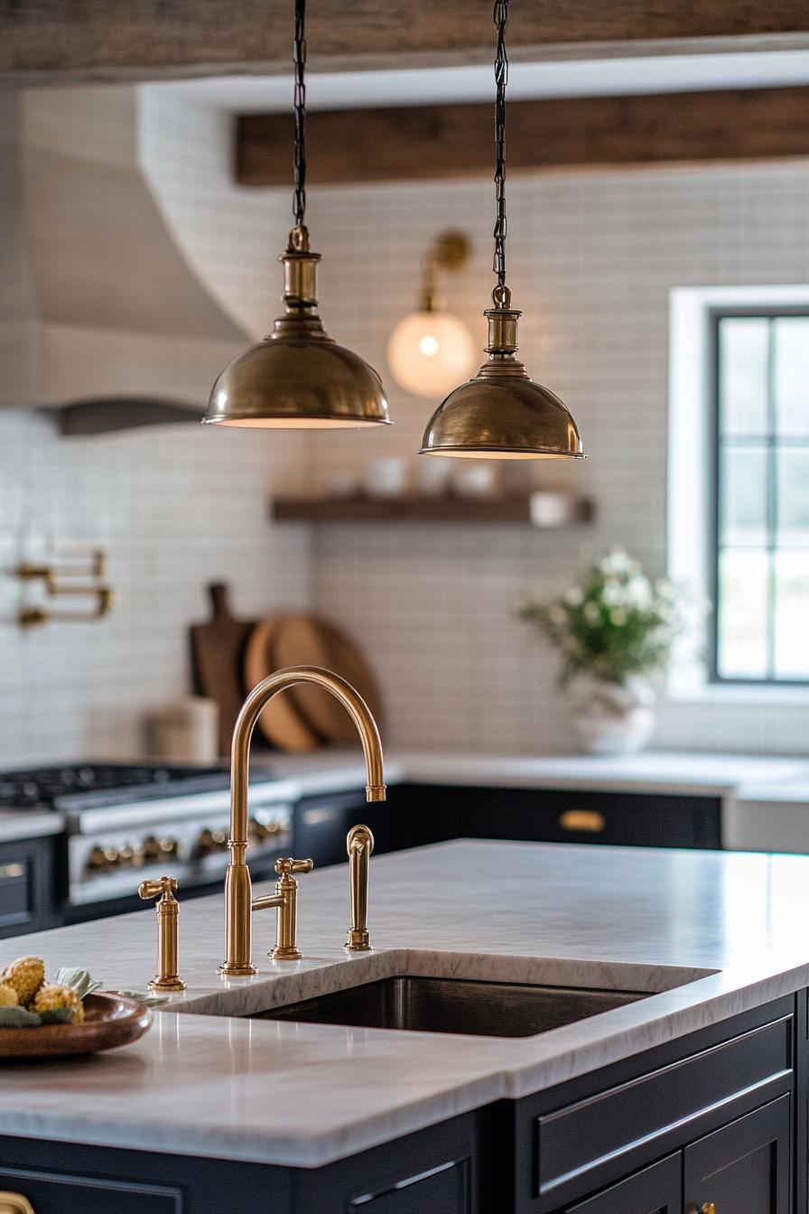 Modern kitchen with brass lighting, marble countertops, and gold faucet fixtures.