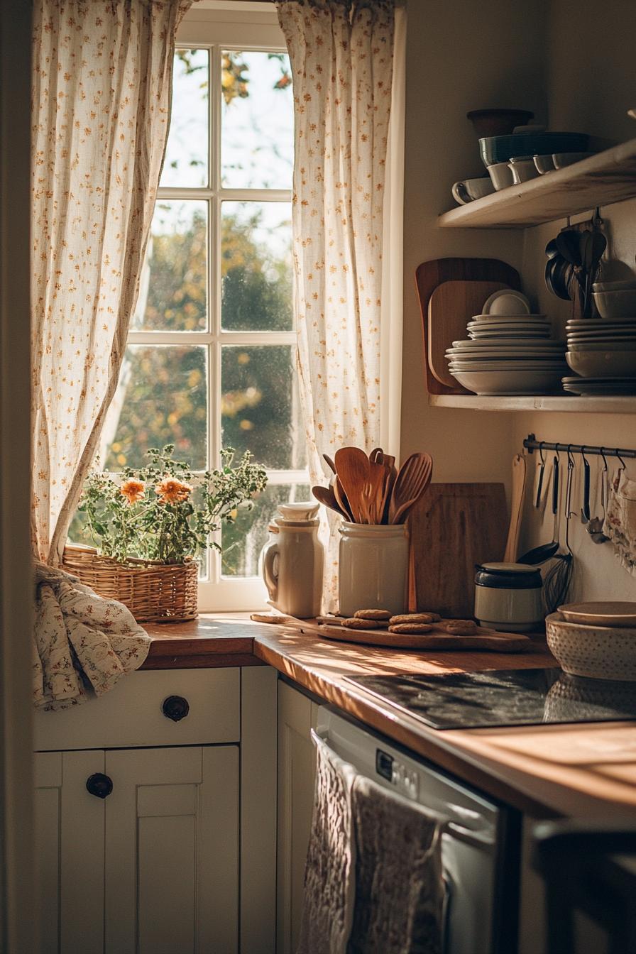 Cozy country kitchen with floral curtains, wooden utensils, and a sunlit window.