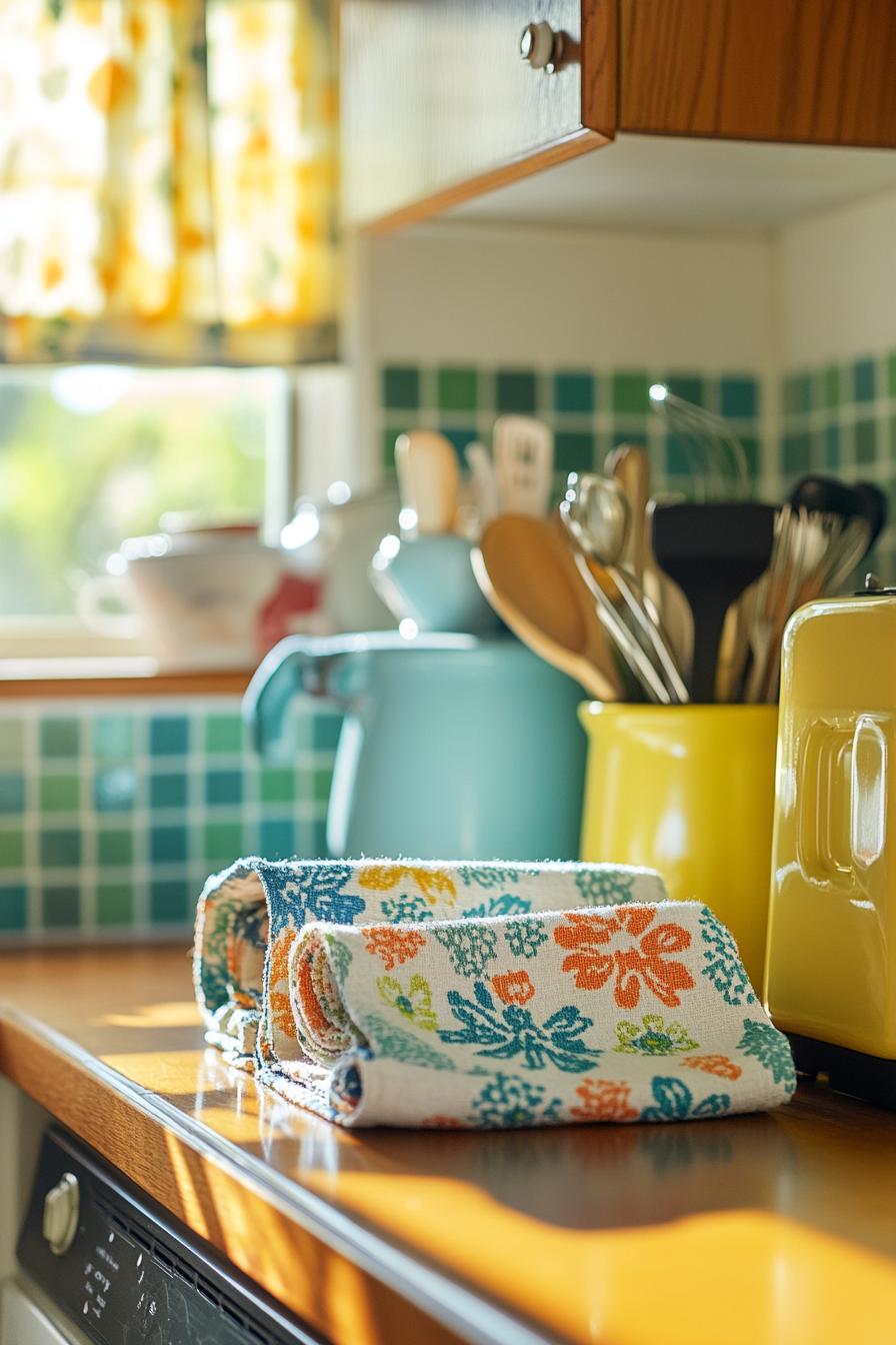 Colorful kitchen towels on wooden countertop with utensils and teal kettle in background.