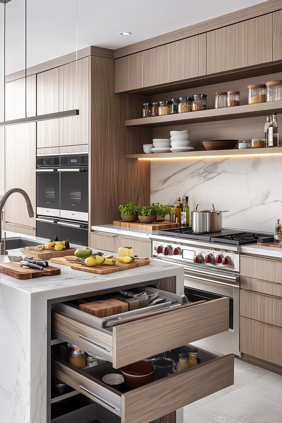 Modern kitchen with wooden cabinets, marble countertops, and open shelving displaying cooking essentials.