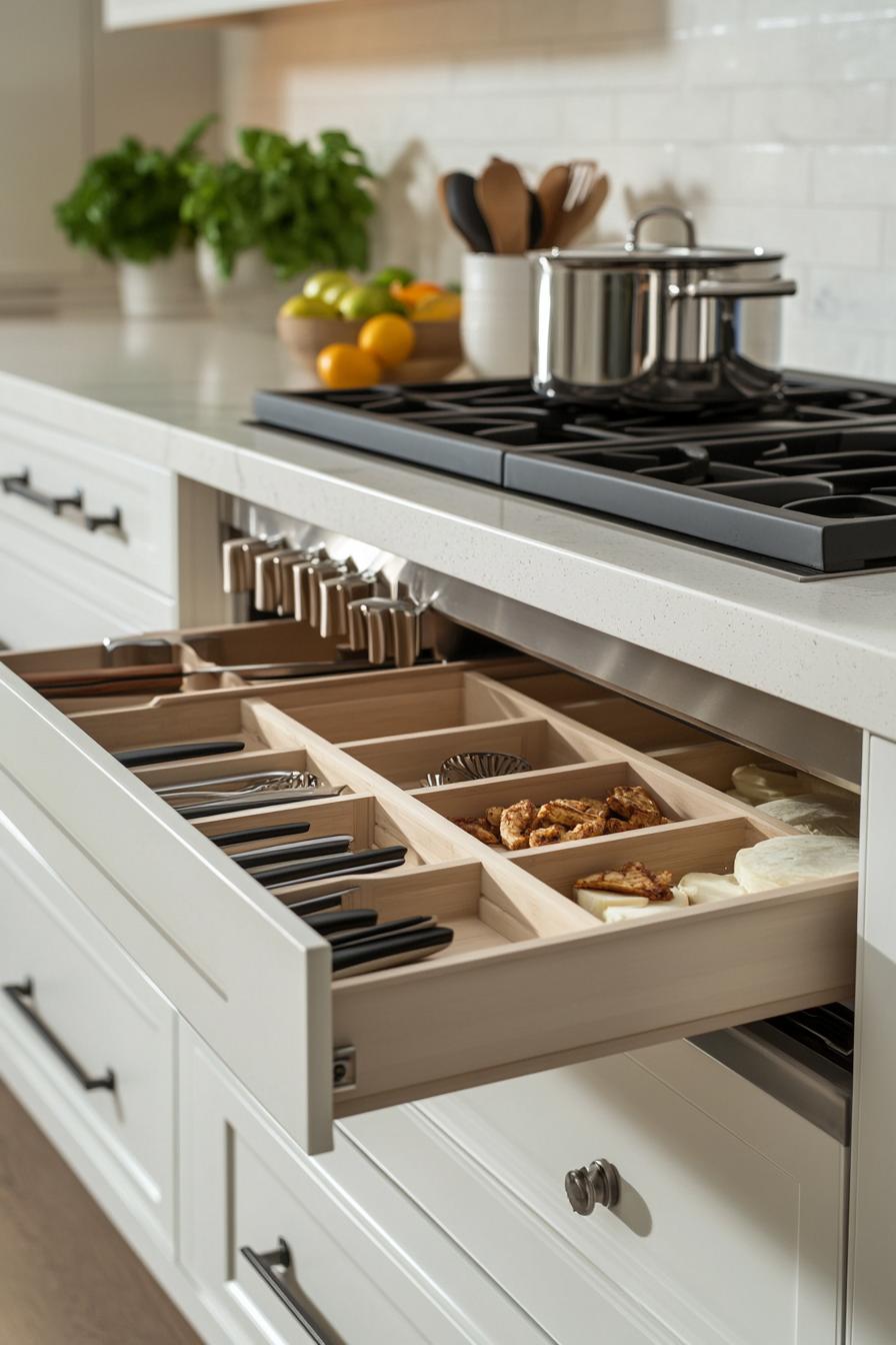 Modern kitchen drawer with utensils and organized storage solutions next to stovetop.