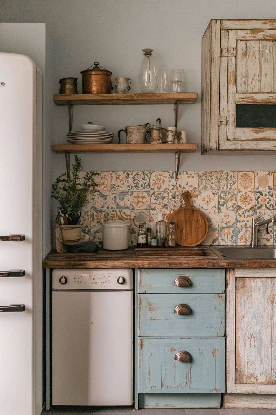 Rustic kitchen with open shelves, vintage decor, and distressed wooden cabinets.