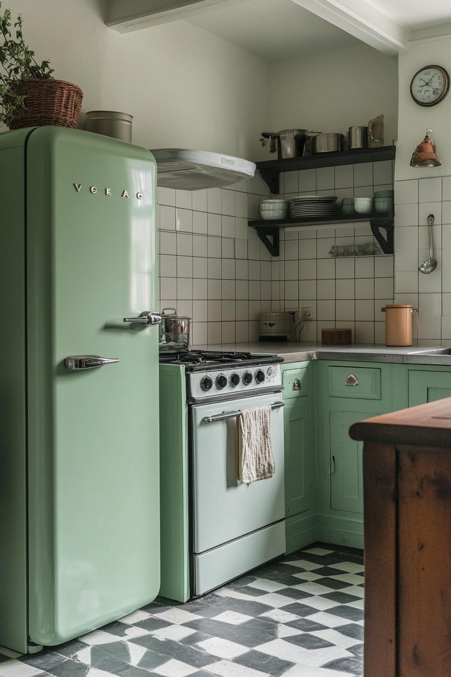Vintage kitchen with mint green fridge, classic stove, and checkered floor tiles.