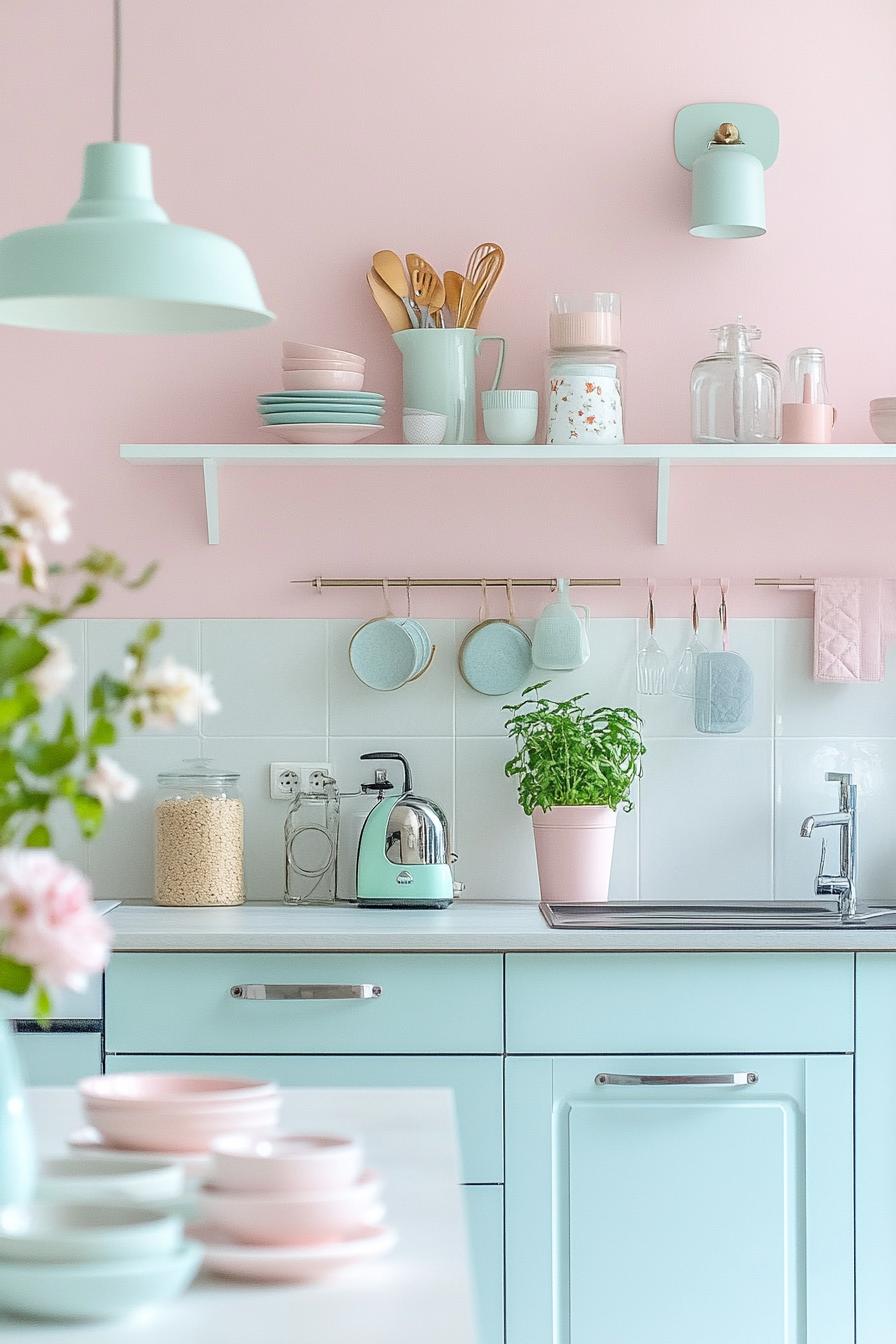 Pastel-themed kitchen with mint and pink accents, modern decor, and plants.