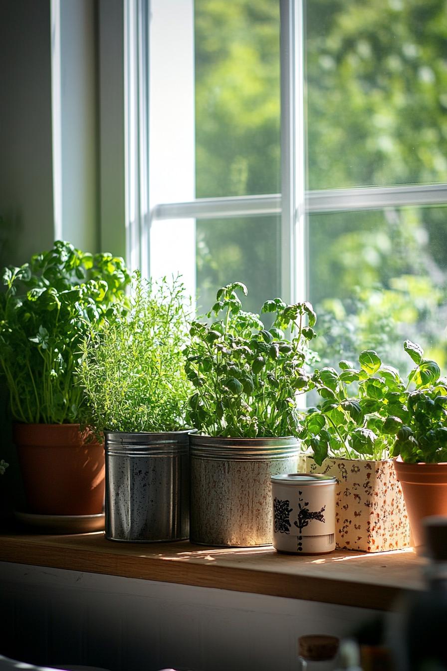 Indoor herb garden on windowsill with sunlight shining on green plants in pots.