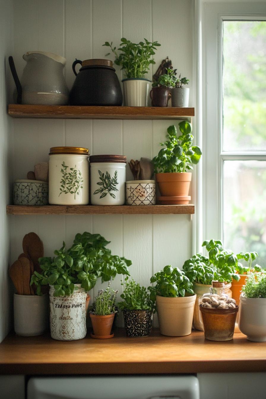 Cozy kitchen with indoor herb garden and decorative ceramic pots on wooden shelves.