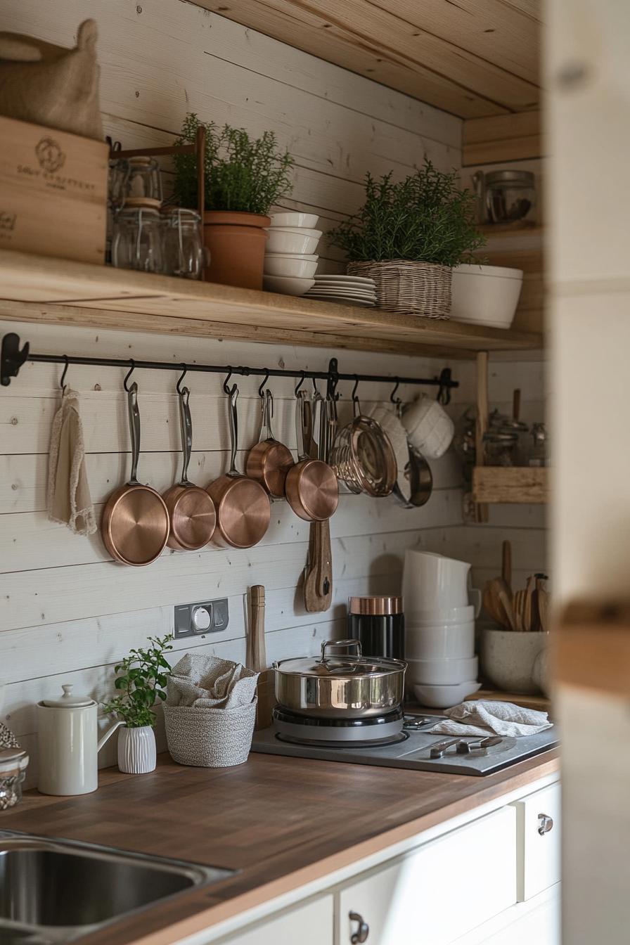 Rustic kitchen with hanging copper pots, wooden shelf, and potted herbs.