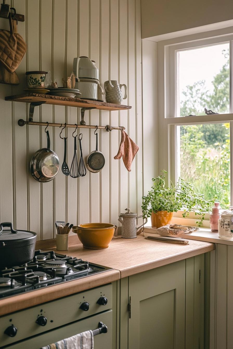 Cozy farmhouse kitchen with wooden shelves and rustic kitchenware by a sunny window.
