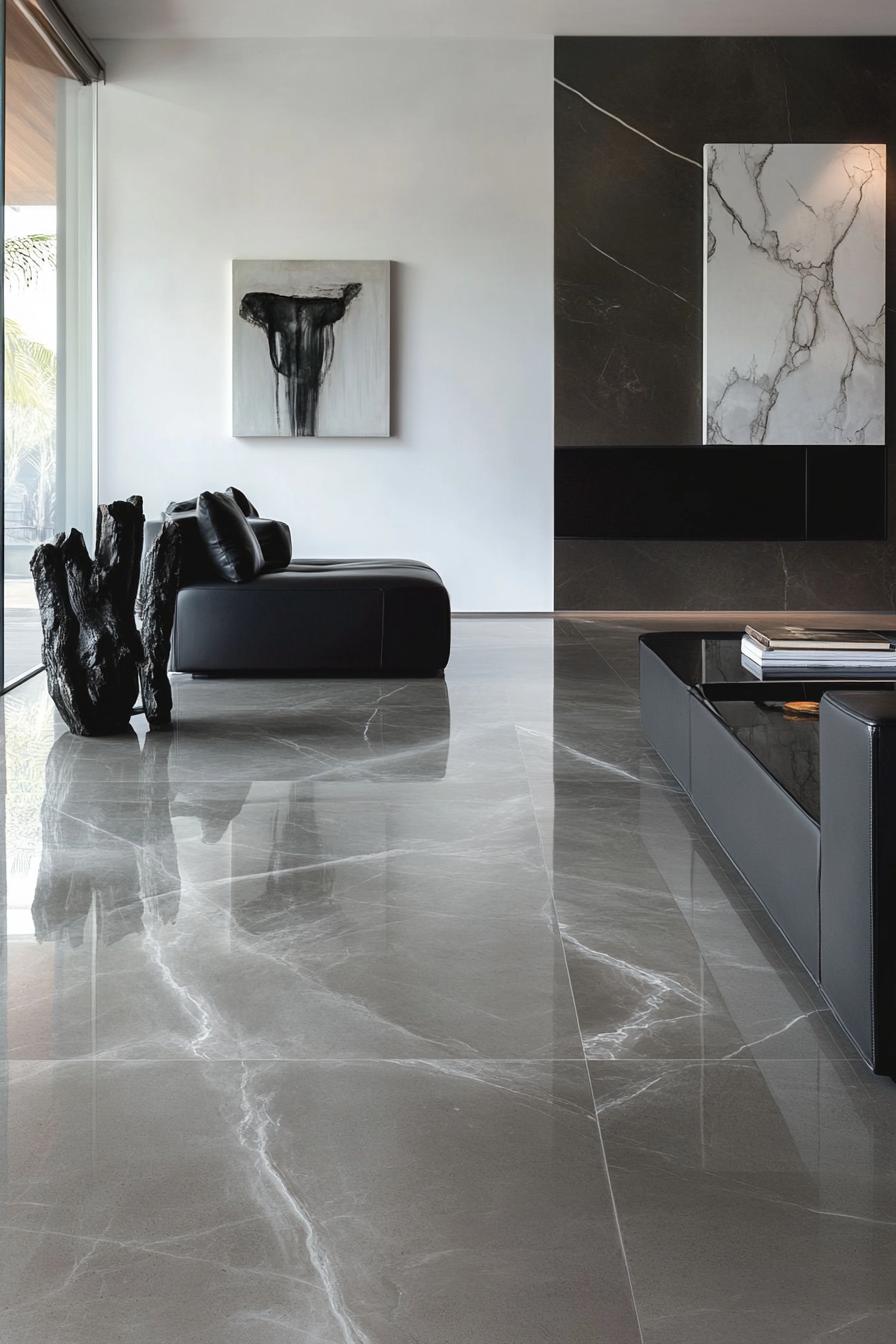 Minimalist living room with marble flooring, black leather sofa, and modern art.