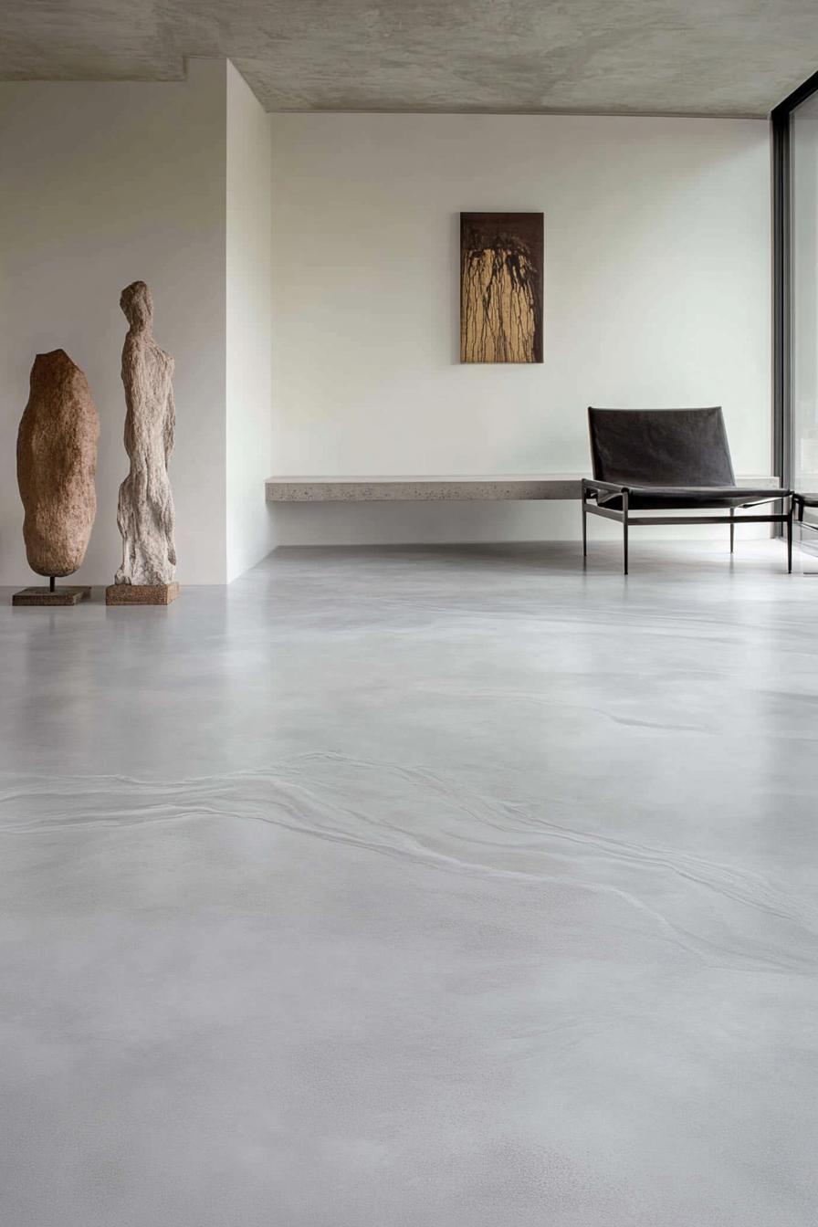 Minimalist interior with concrete floor, artistic sculptures, modern chair, and abstract painting.
