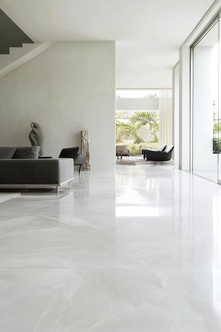 Modern living room with marble floor, contemporary furniture, and large glass windows.